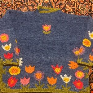 Thick Blue Floral Knit Sweater - Handcrafted Style